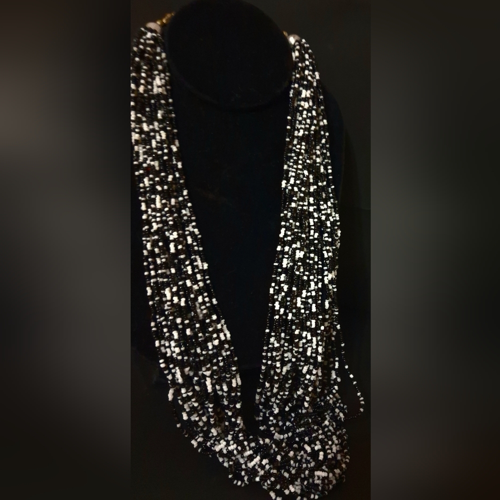 Vintage Black and White Glass Multi Strand Seed Bead Necklace
